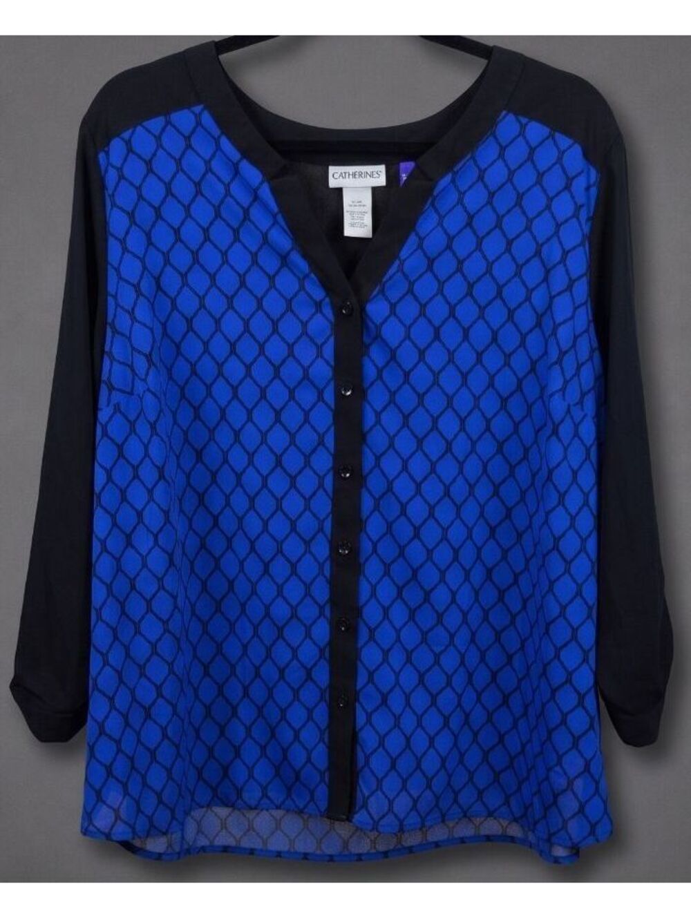 Catherines Blue Black Geometric Print Colorblock Button Front Blouse Sz 22/24WP